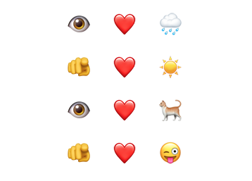 Four rows of emojis that attempt to say: I love rain, you love sun. I love cats, you love fun. 